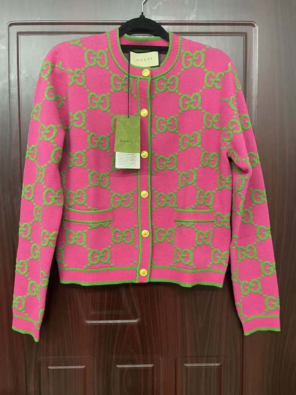 Gucci Pink and Green GG Logo Knit Cardigan